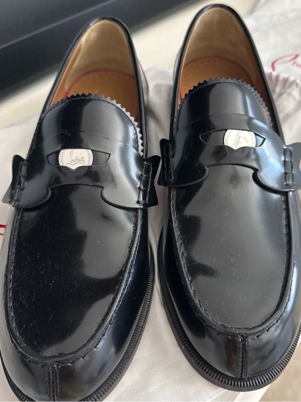 Christian Louboutin Glossy Black Patent Leather Penny Loafers worn twice